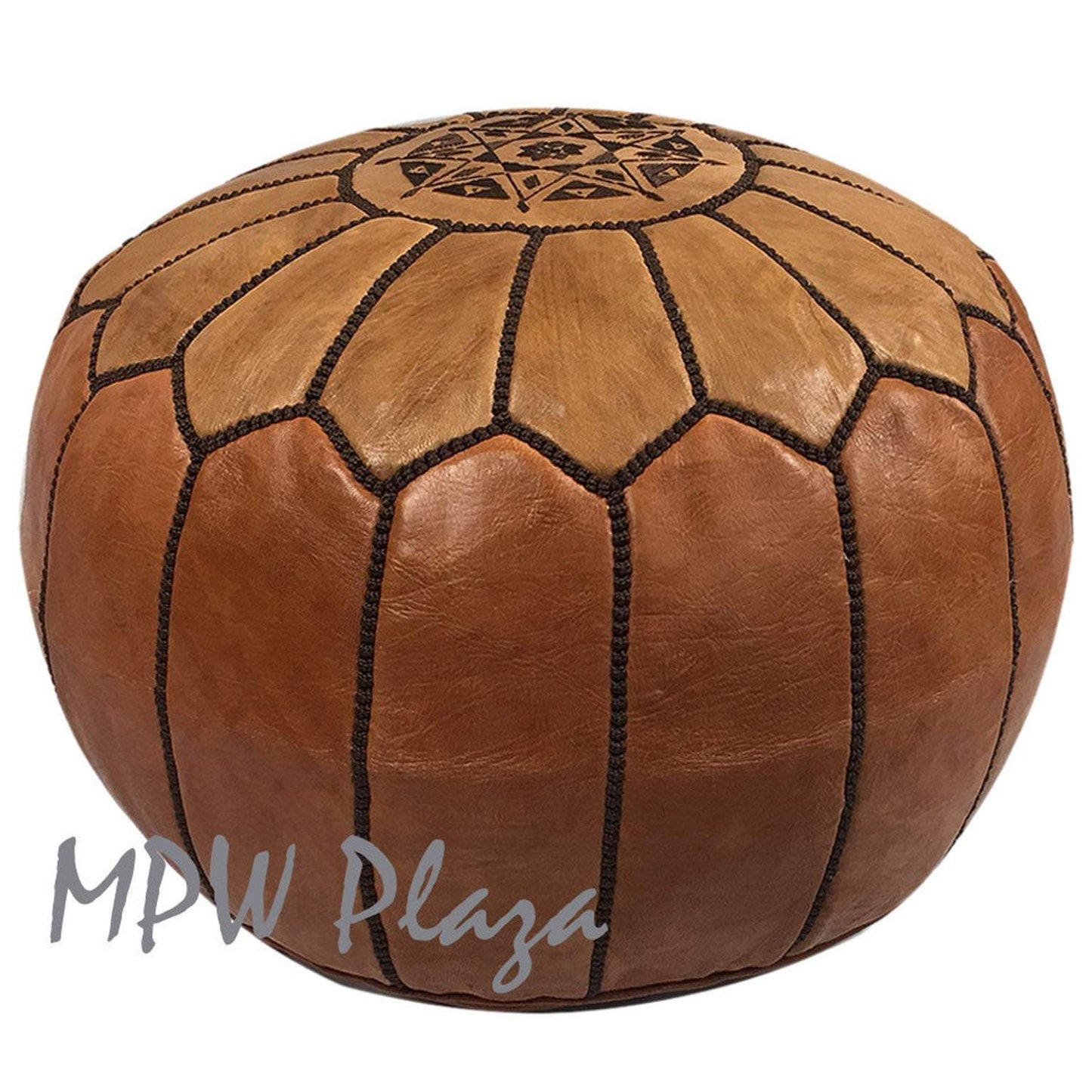 MPW Plaza® Moroccan Pouf, Two Tone Light Tan/Tan tone w dark embroidery, 14" x 20" Topshelf Moroccan Leather, ottoman (Cover) freeshipping - MPW Plaza®