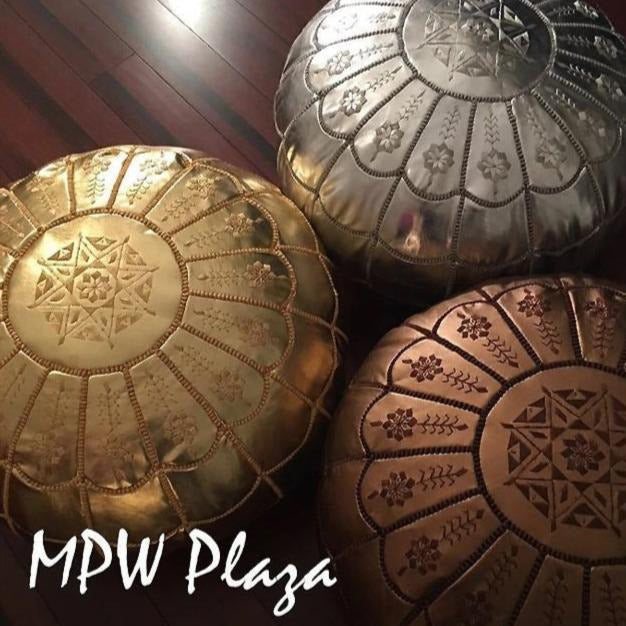 MPW Plaza® Full Arch Moroccan Pouf, Silver 14" x 20" Topshelf Moroccan faux Leather ottoman (Cover) freeshipping - MPW Plaza®