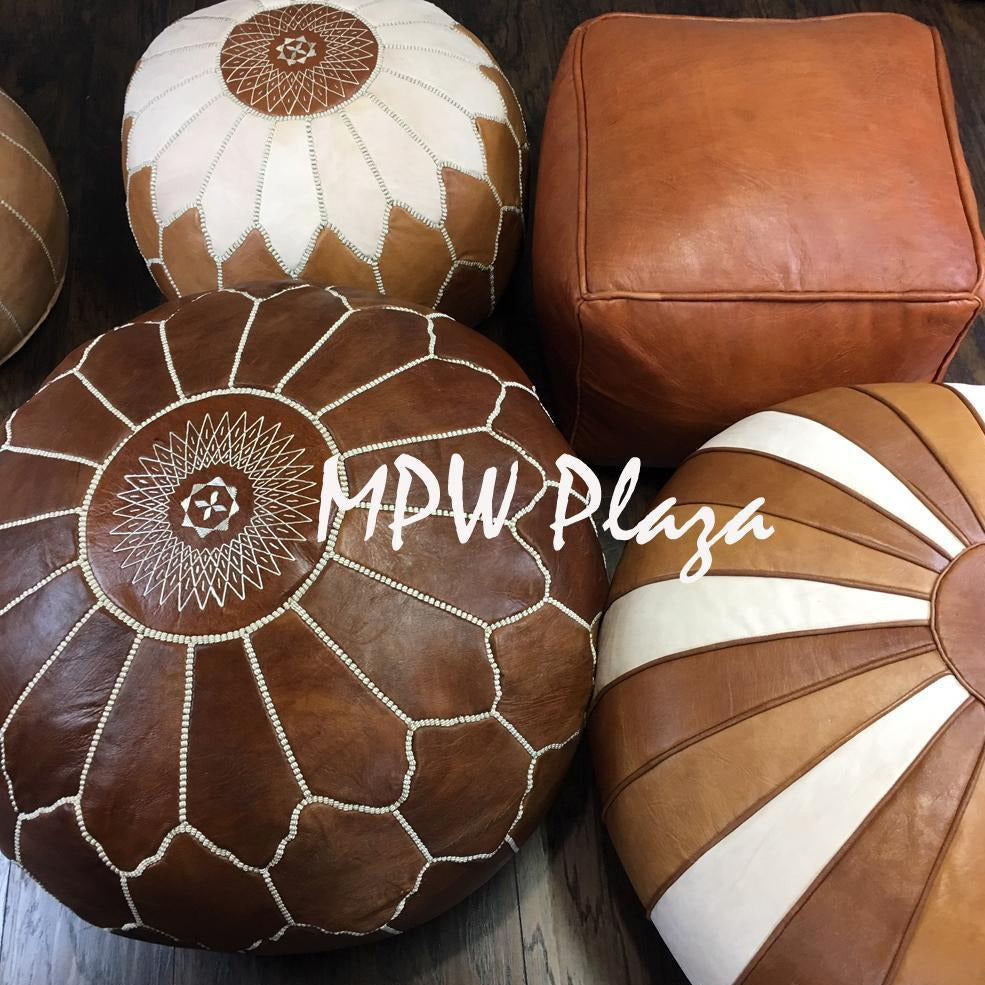 MPW Plaza® Deco Moroccan Pouf, Natural tone, 20" x 35" Topshelf Moroccan Leather,  ottoman (Cover) freeshipping - MPW Plaza®