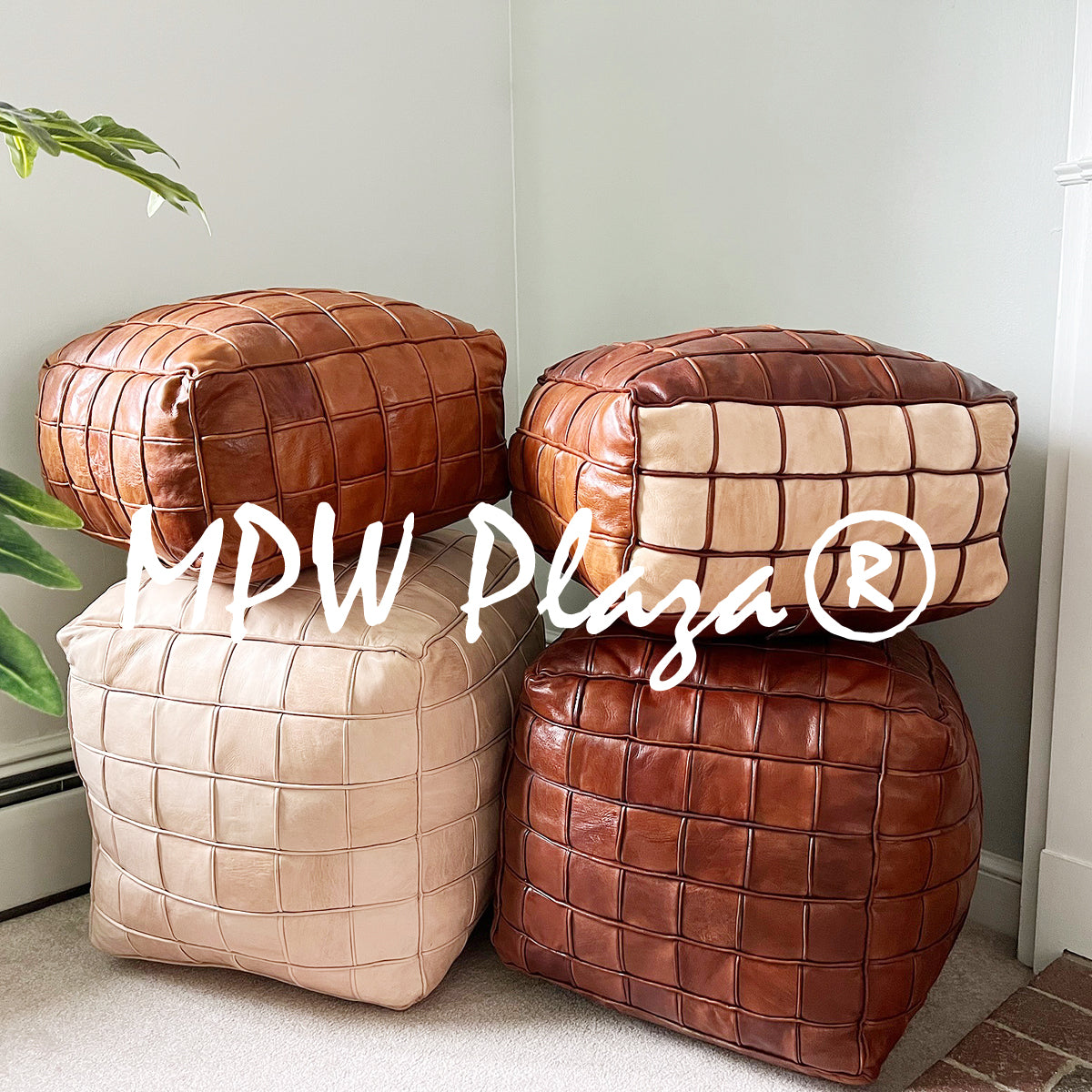 MPW Plaza® Pouf Square Mosaic, Brown tone, 18" x 18" Topshelf Moroccan Leather, Limited edition couture ottoman (Stuffed) freeshipping - MPW Plaza®