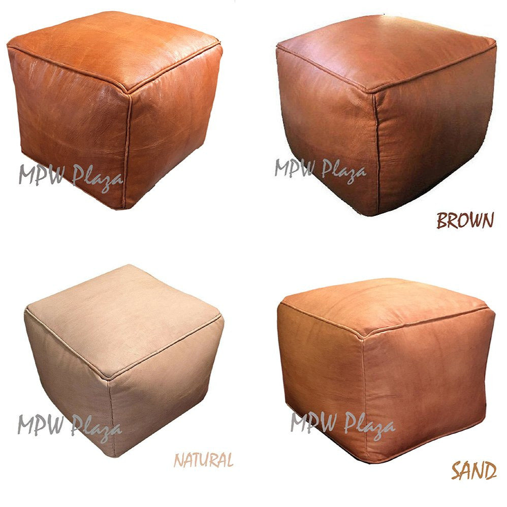 MPW Plaza® Pouf Square, Natural tone, 15" x 18" Topshelf Moroccan Leather, couture ottoman (Stuffed) freeshipping - MPW Plaza®