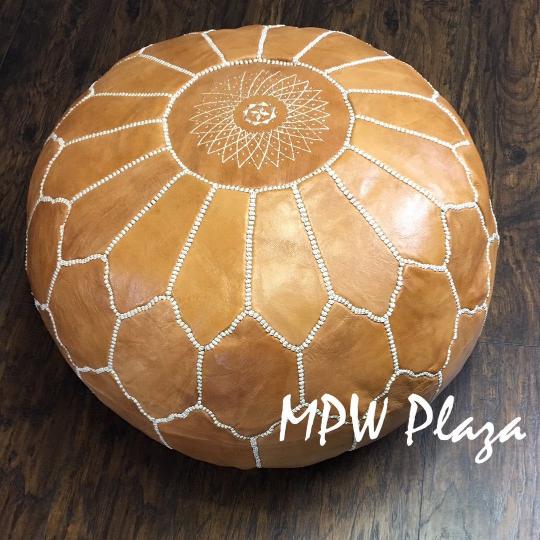 MPW Plaza® Arch Shell Moroccan Pouf, Light Tan tone, 19" x 29" Topshelf Moroccan Leather, ottoman (Cover) freeshipping - MPW Plaza®