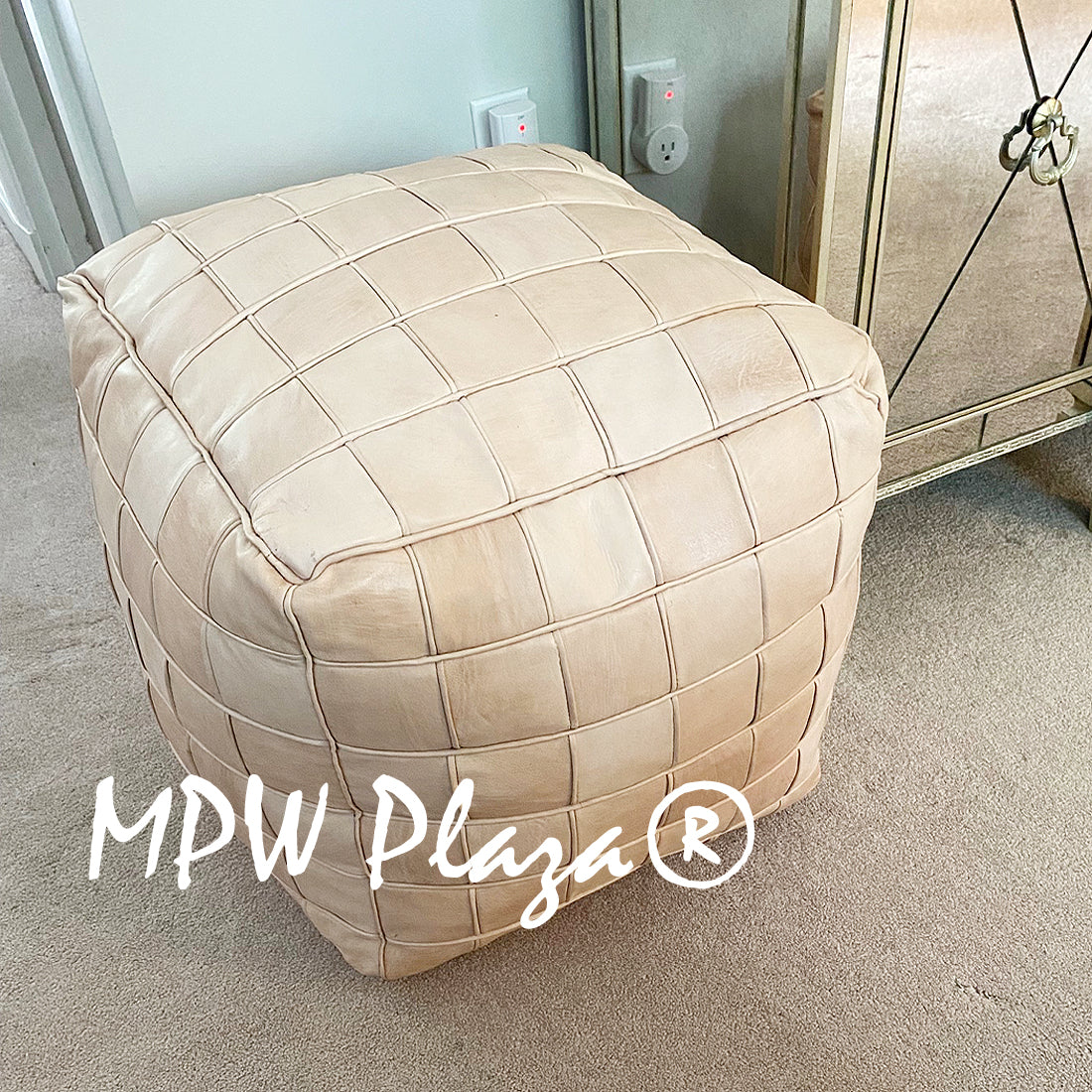 MPW Plaza® Pouf Square Mosaic, Natural, 18" x 18" Topshelf Leather (Stuffed)