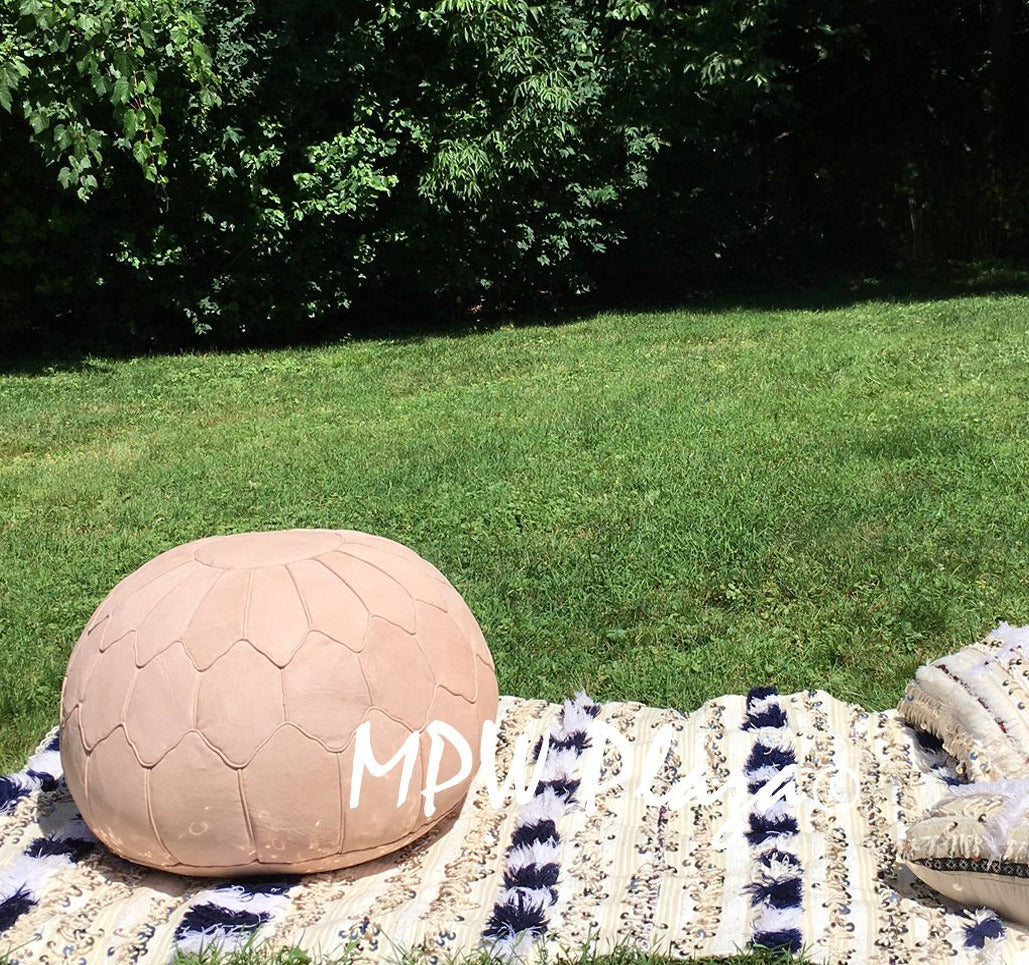 MPW Plaza® Retro Shell Moroccan Pouf, Natural tone, 19" x 29" Topshelf Moroccan Leather, ottoman (Cover) freeshipping - MPW Plaza®