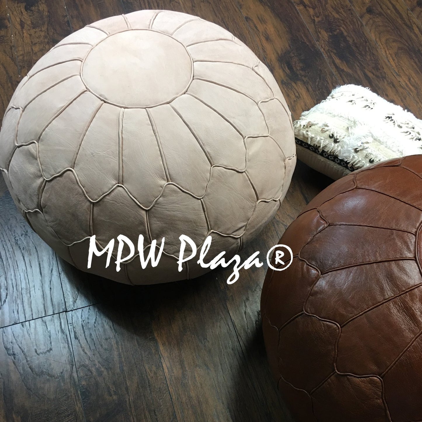 MPW Plaza® Retro Shell Moroccan Pouf, Natural tone, 19" x 29" Topshelf Moroccan Leather, ottoman (Cover) freeshipping - MPW Plaza®