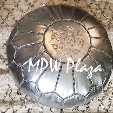 MPW Plaza® Moroccan Pouf, Silver tone, 14" x 20" Topshelf Moroccan faux Leather, ottoman (Cover) freeshipping - MPW Plaza®