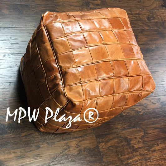 MPW Plaza® Pouf Square Mosaic, Light Tan tone, 18" x 18" Topshelf Moroccan Leather,  ottoman (Stuffed) freeshipping - MPW Plaza®