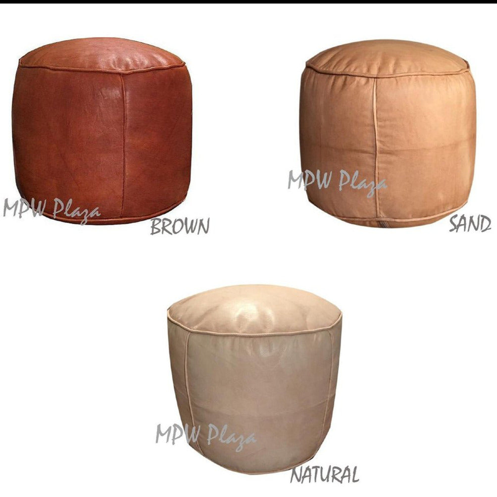 MPW Plaza® Pouf Tabouret Round, Natural tone, 15" x 18" Topshelf Moroccan Leather, ottoman (Cover) freeshipping - MPW Plaza®