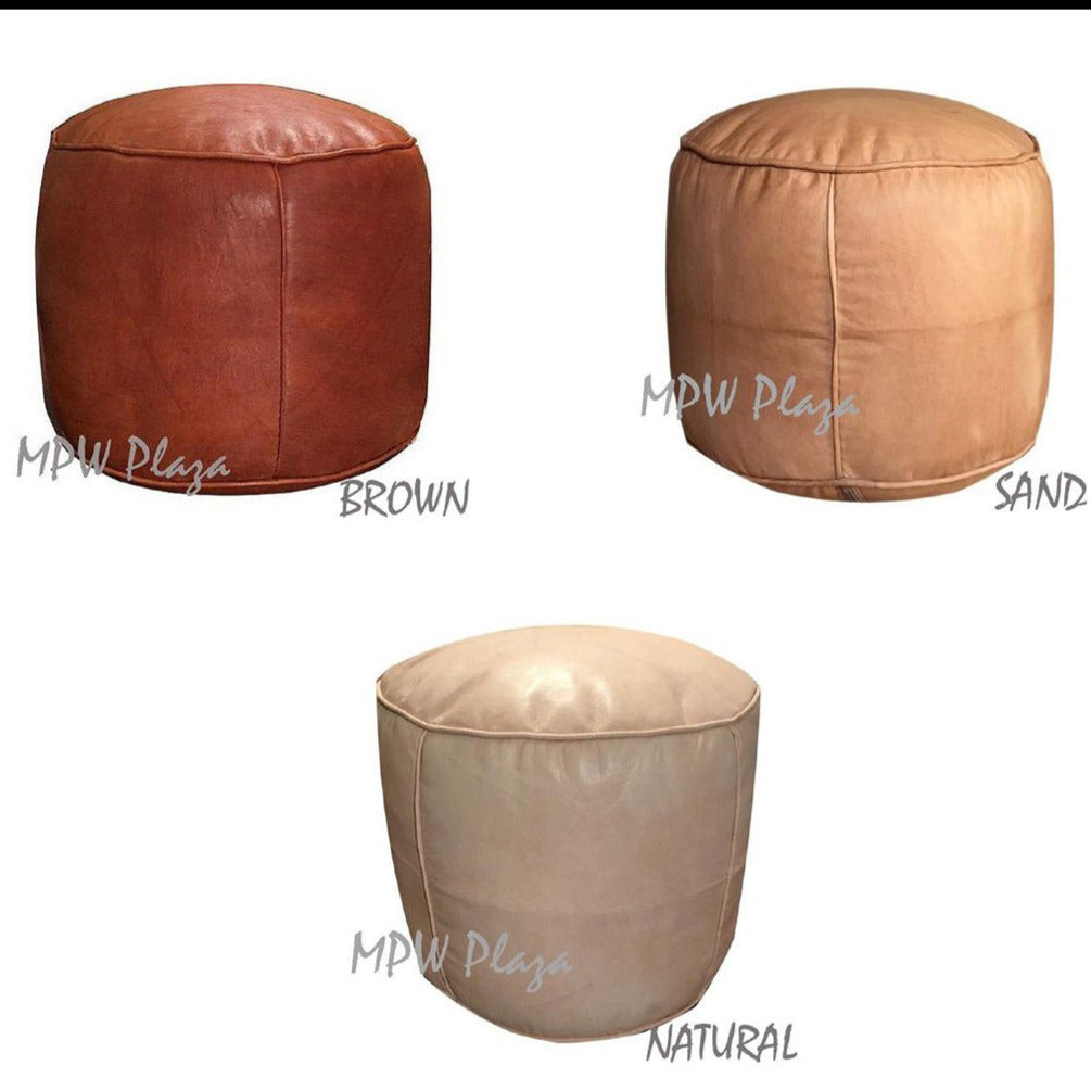 MPW Plaza® Pouf Tabouret Round, Rustic Brown tone, 15" x 18" Topshelf Moroccan Leather, ottoman (Cover) freeshipping - MPW Plaza®