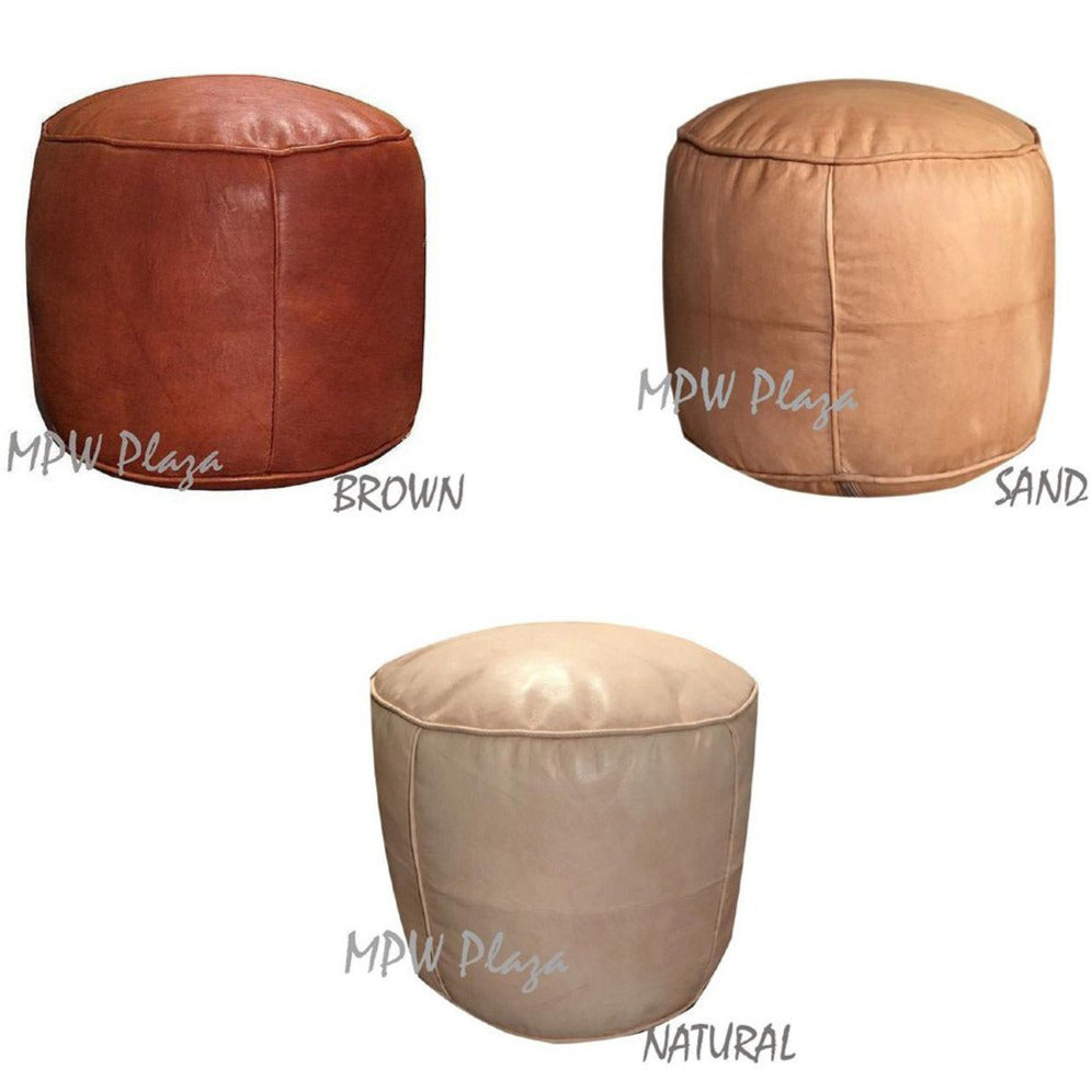 MPW Plaza® Pouf Tabouret Round, Sand tone, 15" x 18" Topshelf Moroccan Leather, couture ottoman (Cover) freeshipping - MPW Plaza®