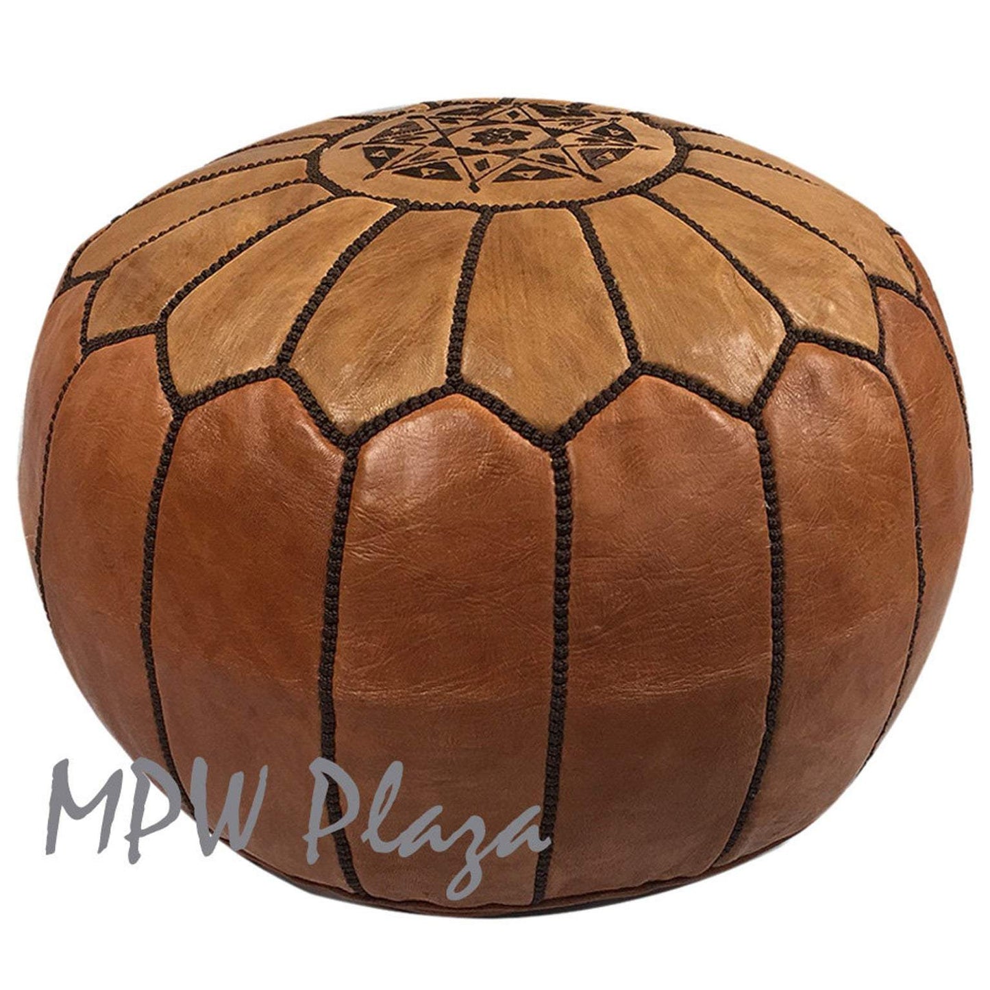 MPW Plaza® Moroccan Pouf, Two Tone Light Tan/Tan tone w dark embroidery, 14" x 20" Topshelf Moroccan Leather,  ottoman (Cover) freeshipping - MPW Plaza®