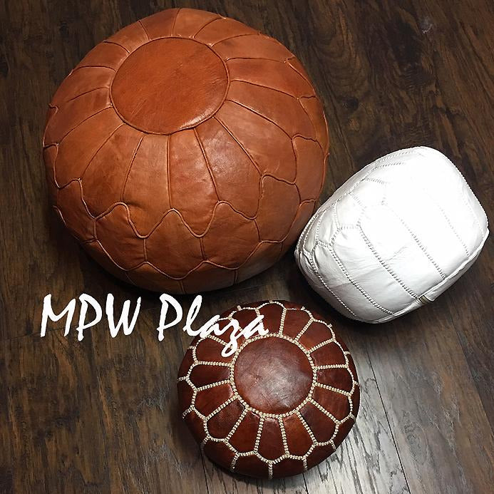 MPW Plaza® Mini Moroccan Pouf, White tone, 10" x 14" Topshelf Moroccan Leather,  couture ottoman (Stuffed) freeshipping - MPW Plaza®