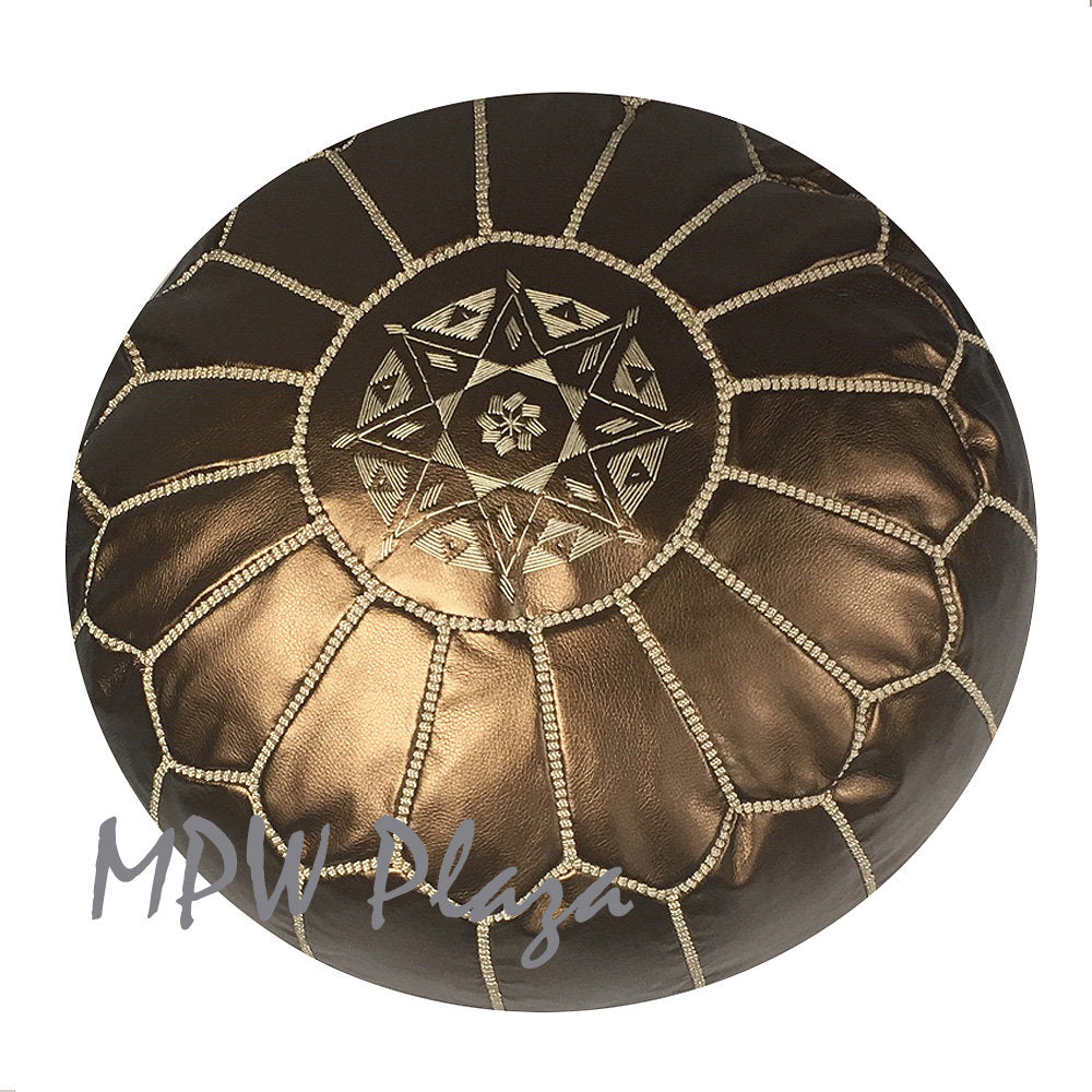 MPW Plaza® Moroccan Pouf, Bronze w Light Embroidery tone, 14" x 20" Topshelf Moroccan faux Leather,  ottoman (Cover) freeshipping - MPW Plaza®