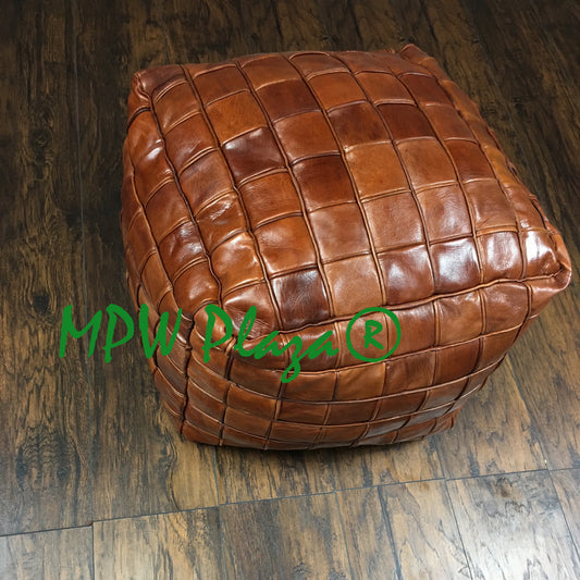 MPW Plaza® Pouf Square Mosaic, Brown, 18" x 18" Topshelf Leather (Stuffed)