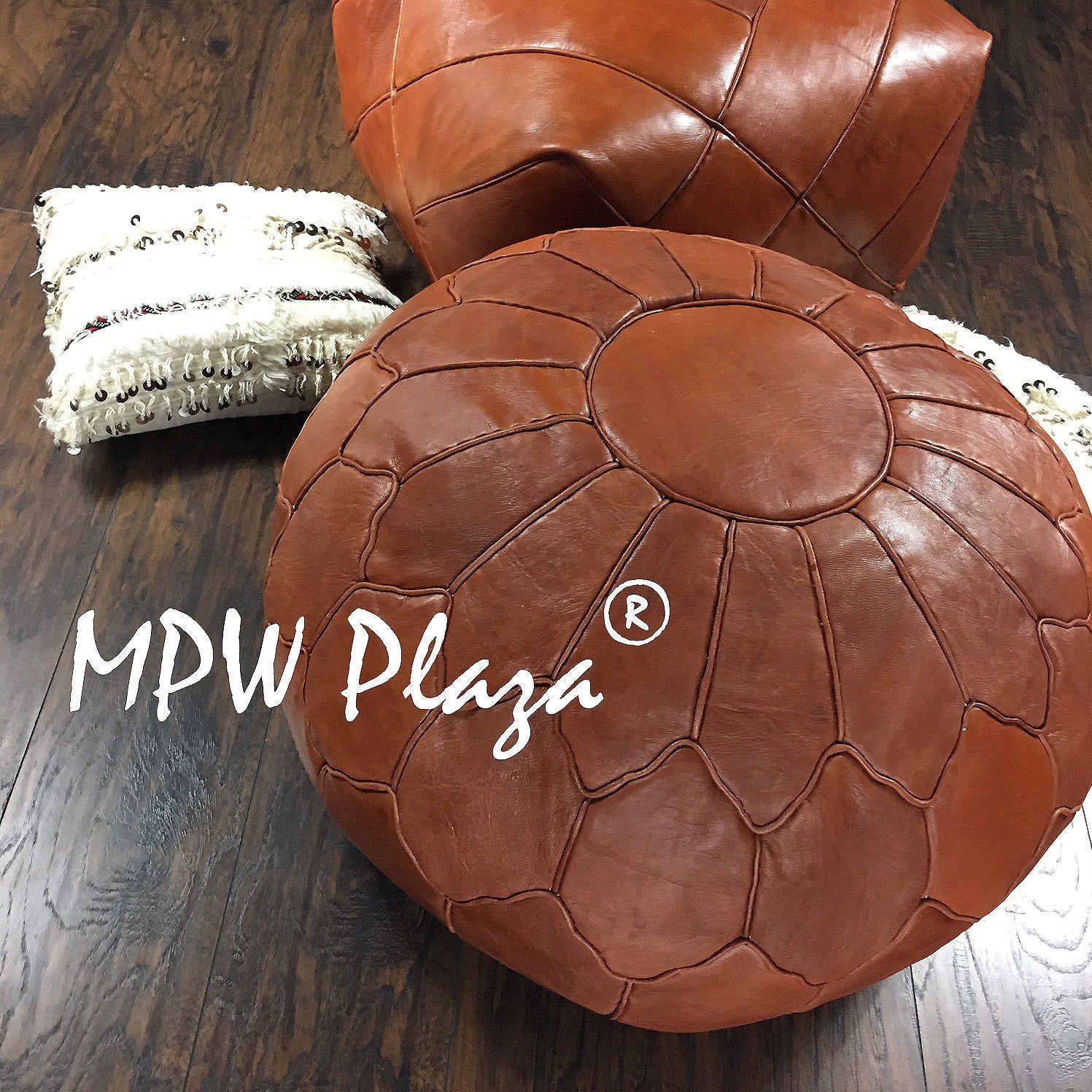 MPW Plaza® Retro Shell Moroccan Pouf, Brown tone, 19" x 29" Topshelf Moroccan Leather,  couture ottoman (Cover) freeshipping - MPW Plaza®