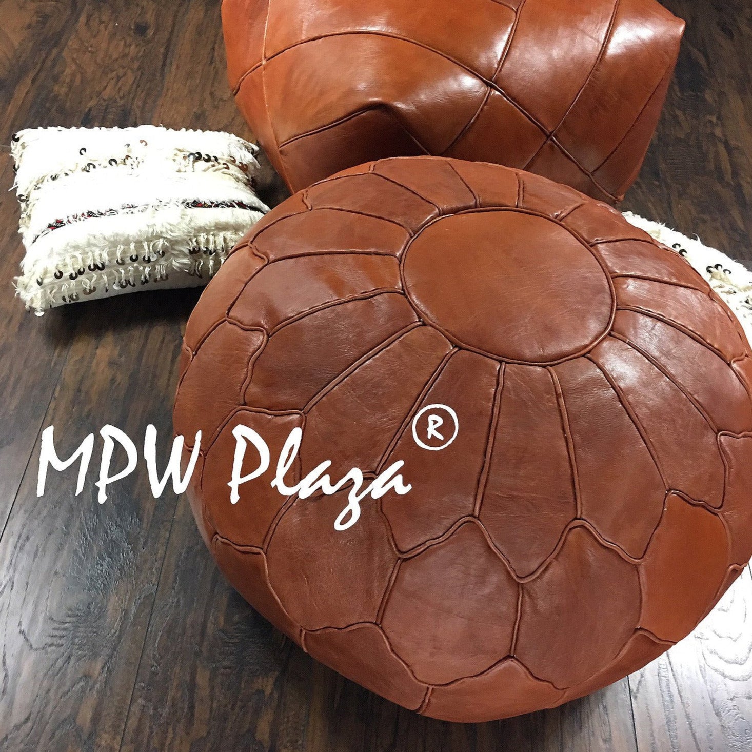 MPW Plaza® Retro Shell Moroccan Pouf, Brown 19" x 29" Topshelf Moroccan Leather,  ottoman (Stuffed) freeshipping - MPW Plaza®