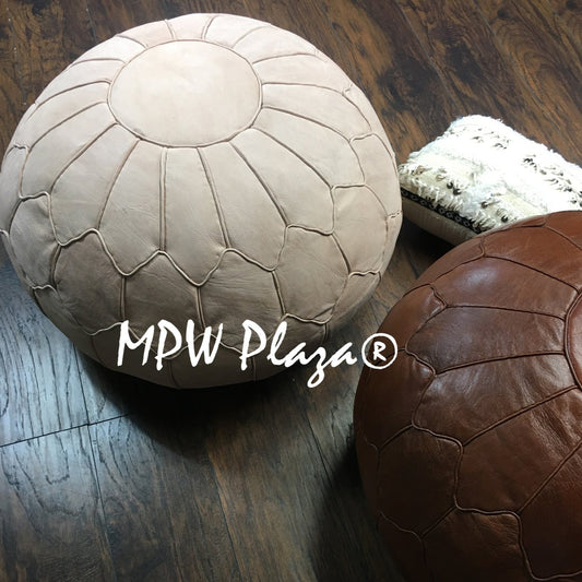 MPW Plaza® Retro Shell Moroccan Pouf, Natural tone, 19" x 29" Topshelf Moroccan Leather,  couture ottoman (Stuffed) freeshipping - MPW Plaza®