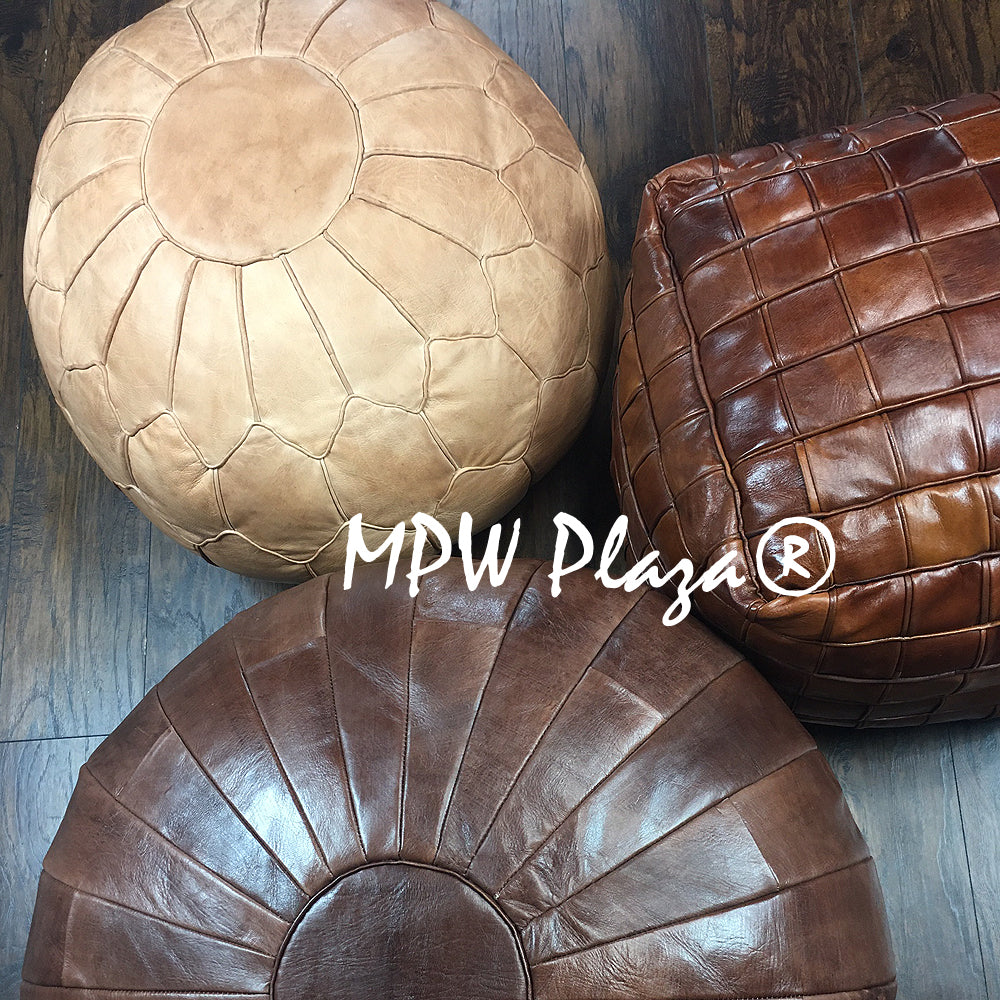 MPW Plaza® Pouf Square Mosaic, Brown tone, 18" x 18" Topshelf Moroccan Leather, Limited edition couture ottoman (Stuffed) freeshipping - MPW Plaza®