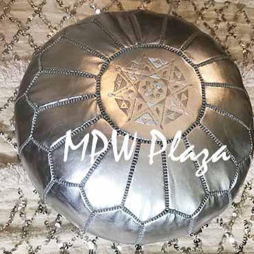 MPW Plaza® Moroccan Pouf, Silver tone, 14" x 20" Topshelf Moroccan faux Leather,  couture ottoman (Cover) freeshipping - MPW Plaza®