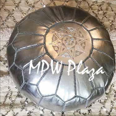 MPW Plaza® Moroccan Pouf, Silver tone, 14" x 20" Topshelf Moroccan faux Leather,  ottoman (Stuffed) freeshipping - MPW Plaza®