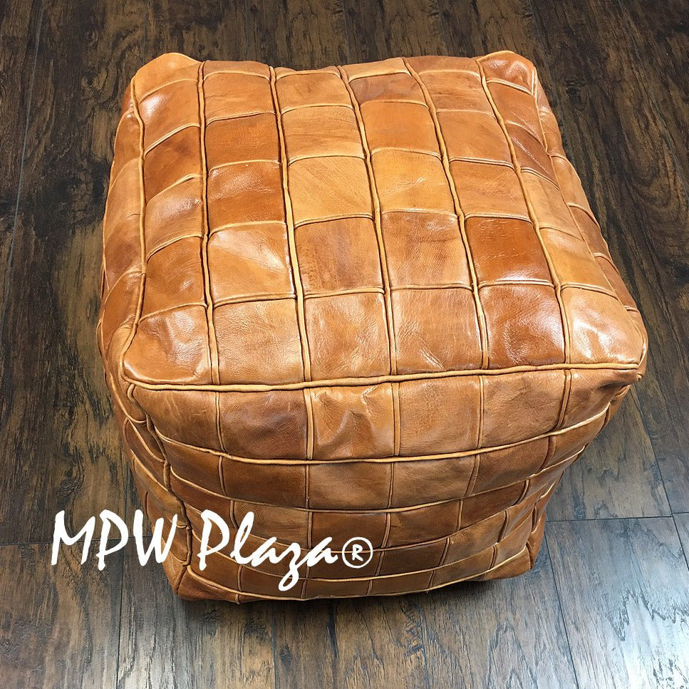 MPW Plaza® Pouf Square Mosaic, Light Tan tone, 18" x 18" TopshelfMoroccan Leather,  couture ottoman (Cover) freeshipping - MPW Plaza®