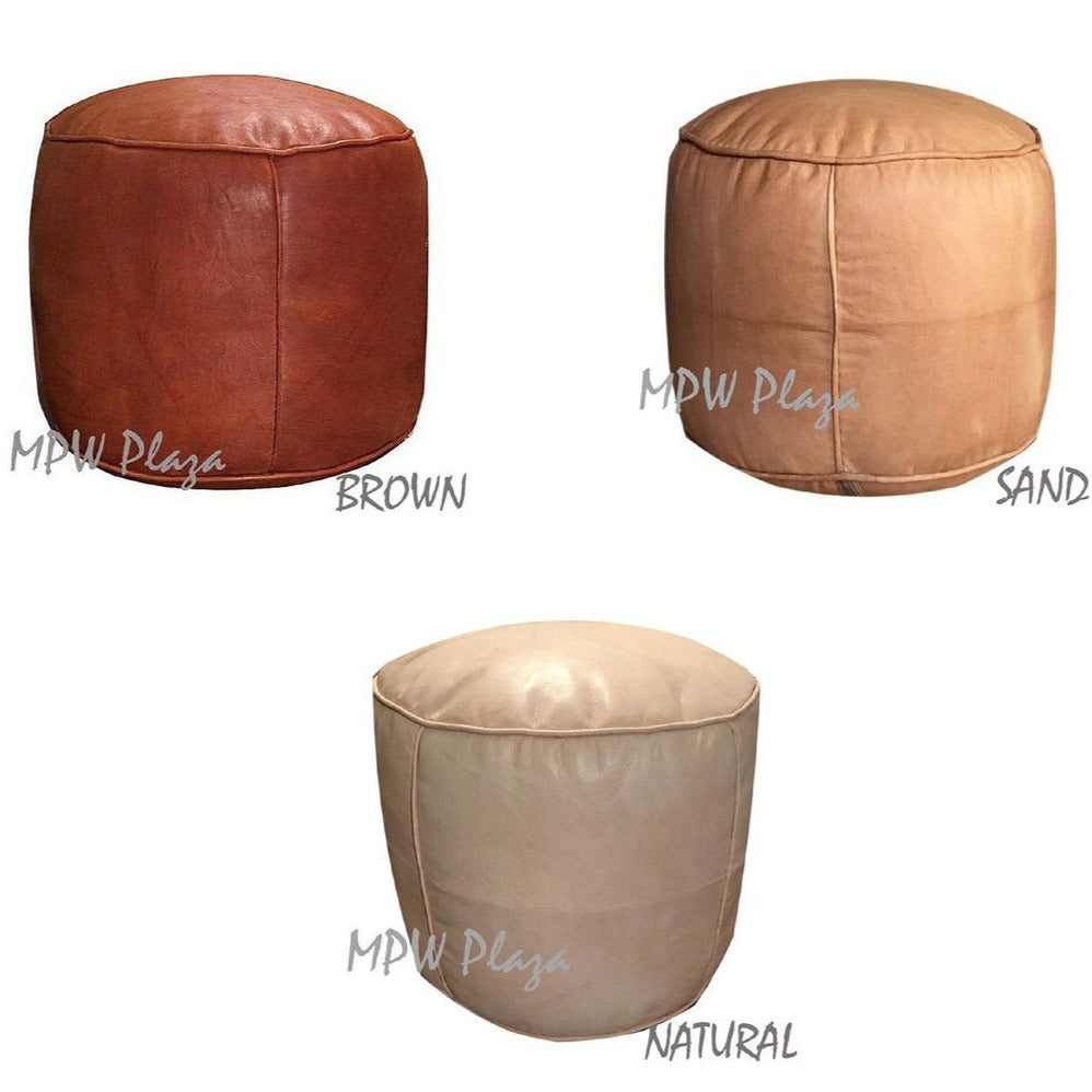 MPW Plaza® Pouf Tabouret Round, Natural tone, 15" x 18" Topshelf Moroccan Leather   ottoman (Stuffed) freeshipping - MPW Plaza®