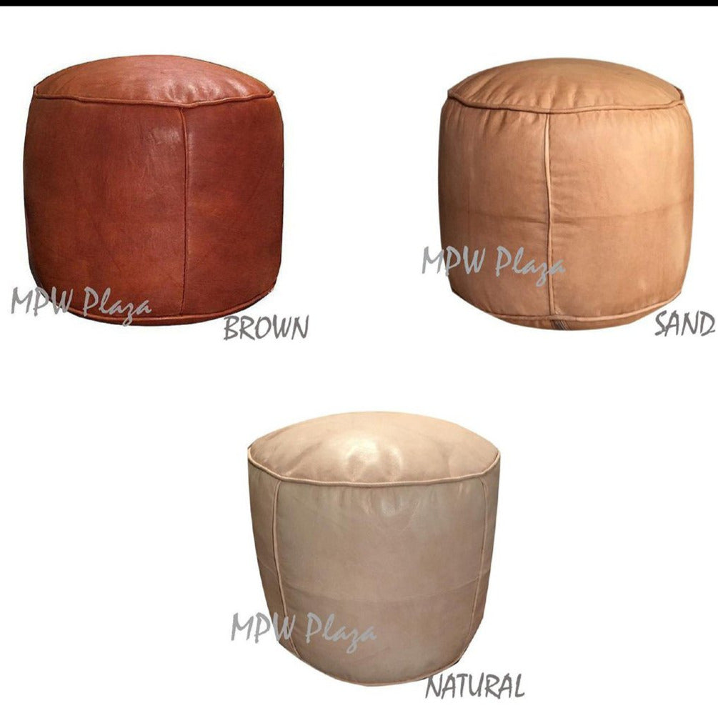 MPW Plaza® Pouf Tabouret Round, Rustic Brown tone, 15" x 18" Topshelf Moroccan Leather,  ottoman (Cover) freeshipping - MPW Plaza®