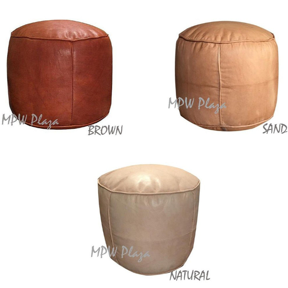 MPW Plaza® Pouf Tabouret Round, Sand tone, 15" x 18" Topshelf Moroccan Leather,  couture ottoman (Stuffed) freeshipping - MPW Plaza®