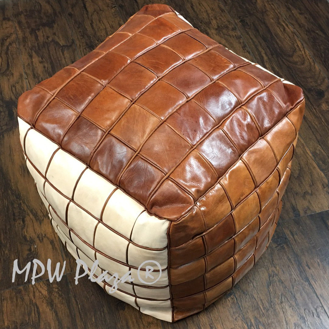 MPW Plaza® Pouf Square Mosaic, TriTone, 18" x 18" Topshelf Moroccan Leather,  ottoman (Stuffed) freeshipping - MPW Plaza®
